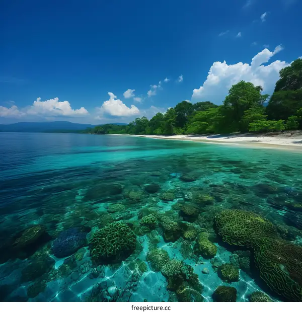 Amazing crystal clear water and coral reef of the tropical beach