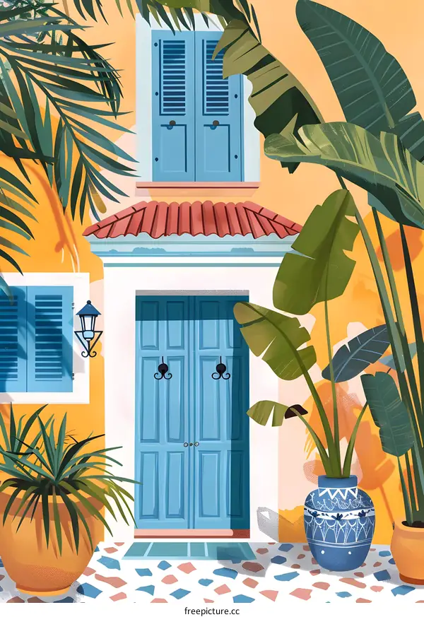 Blue Door with Palm Trees and Yellow Walls