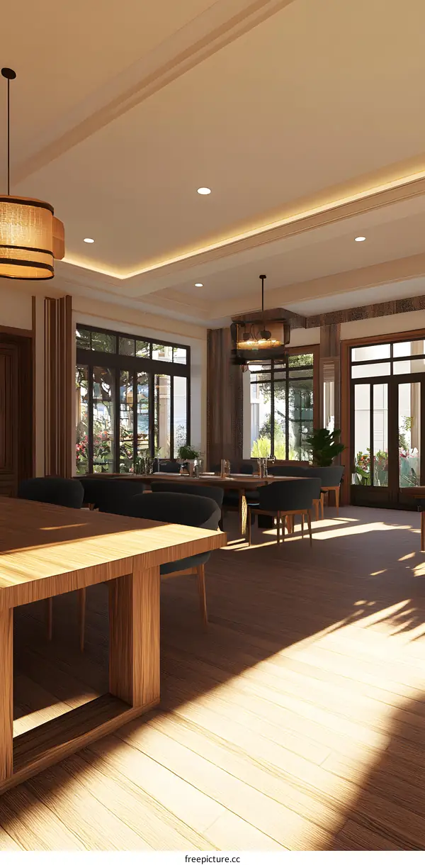 Modern Interior Design Dining Room with Large Windows and Wooden Table