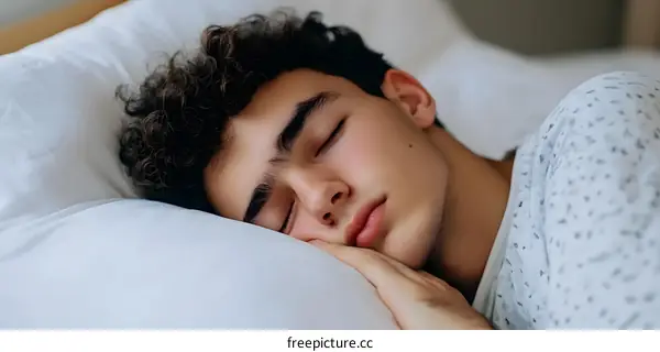 Sleeping Man with Curly Hair on White Pillow
