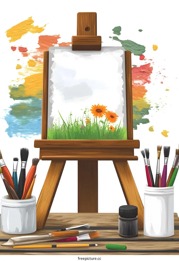 Blank Canvas On Easel With Paint Brushes And Colorful Splatter