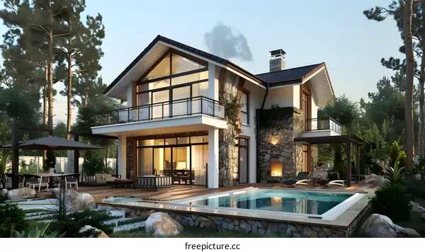 Modern House with Swimming Pool in Forest