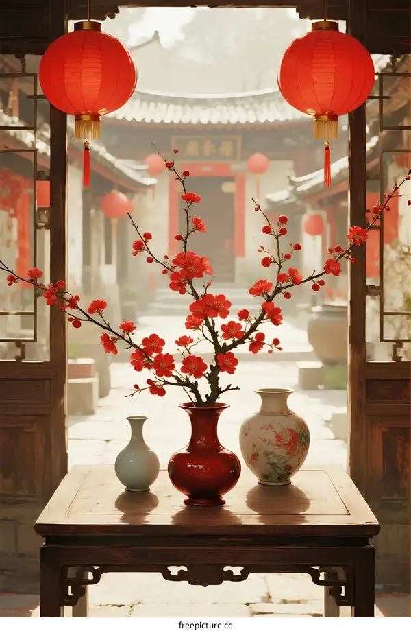 Red Lanterns and Plum Blossoms in Traditional Chinese Courtyard