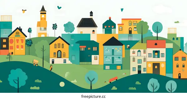 Colorful Illustration of a Small Town with Houses and Trees