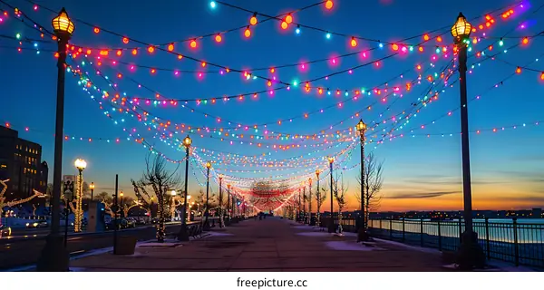 Colorful lights illuminate a park with a path in the center