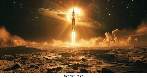 Rocket Launch from the Moon with Saturn in the Background