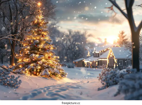 Christmas Tree Lighting Ceremony in a Snowy Village