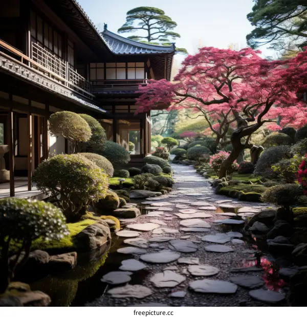 Japanese garden with a traditional house and a beautiful pink flowering tree