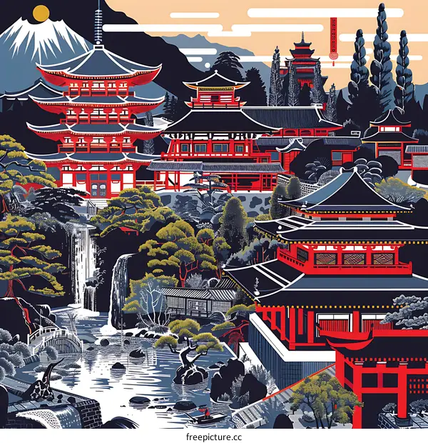 Japanese Landscape with Pagoda and Waterfall Illustration