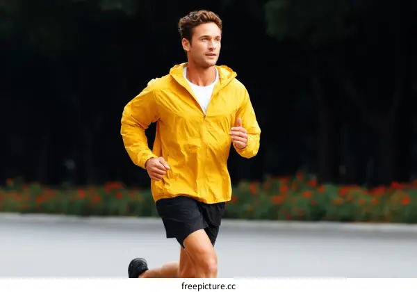 Man Running in Yellow Jacket Outdoor