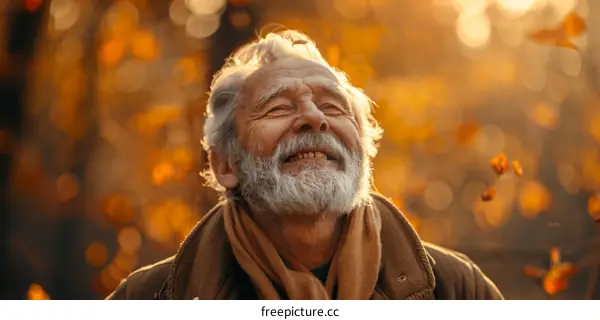 An old man smiles as he looks up at the sky during the fall season.