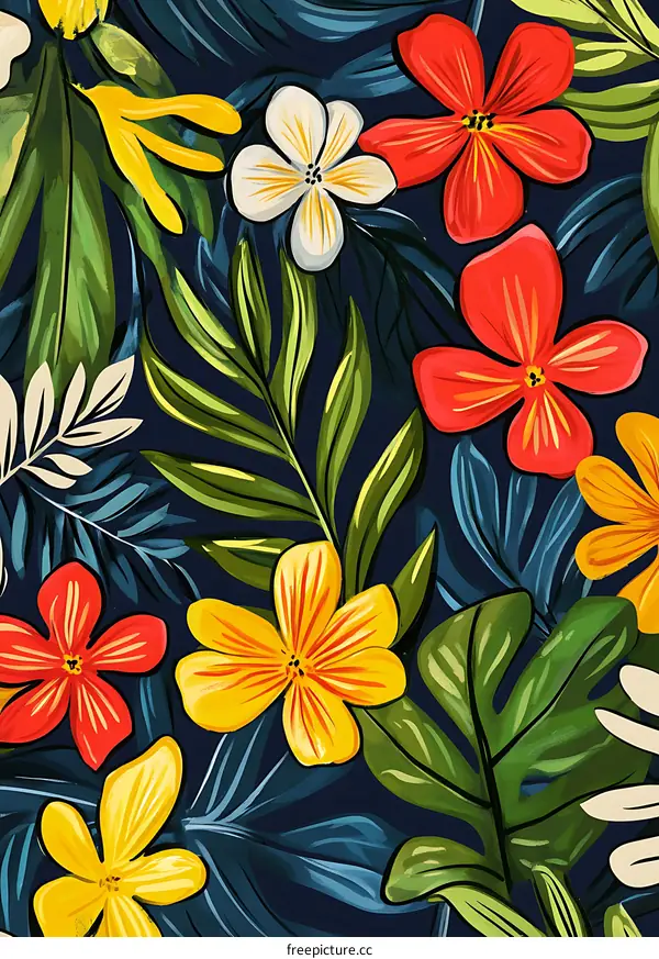 Tropical Floral Pattern with Yellow, Red and White Flowers on a Dark Blue Background