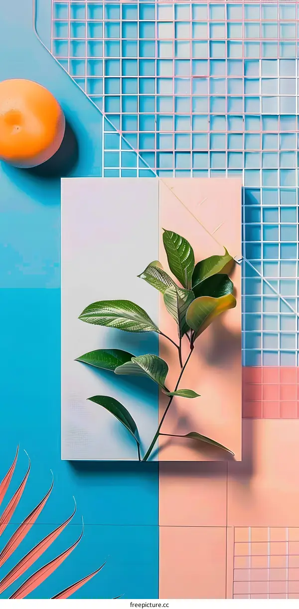 Minimalist Aesthetic Green Leaves and Orange Fruit on Geometric Pattern