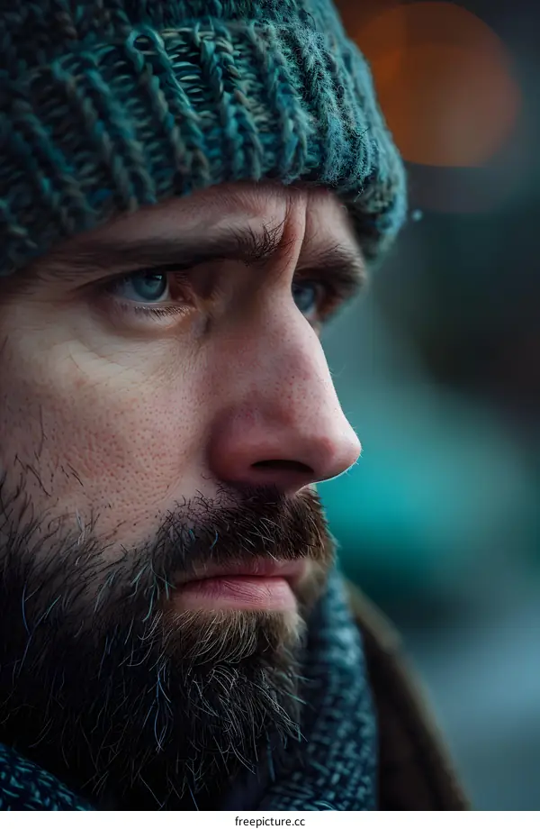 Portrait of a Man with Blue Eyes Wearing a Knitted Hat and Scarf