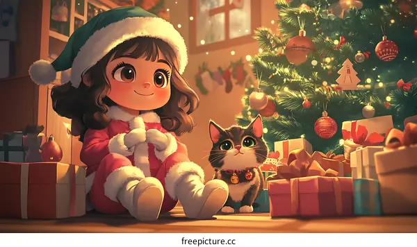 Christmas  Child with Cat and Gifts Illustration