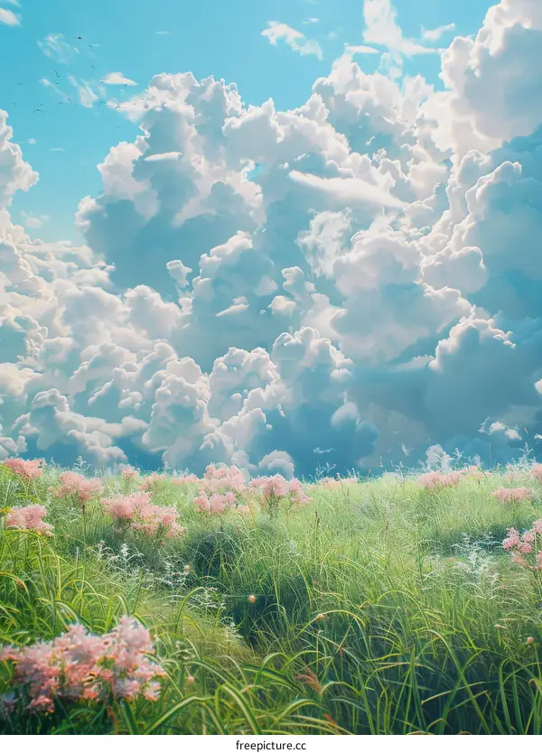 A beautiful summer day with fluffy clouds and a meadow full of flowers
