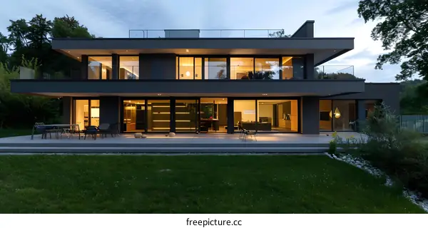 Modern Black House with Large Windows and Patio