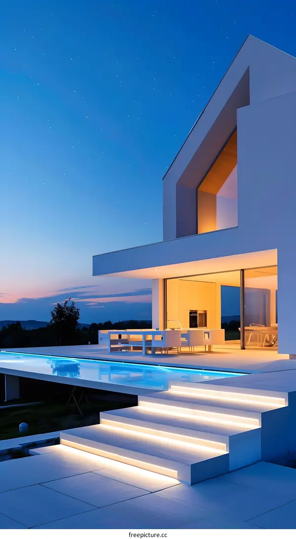 Modern White House With Infinity Pool And Night Sky