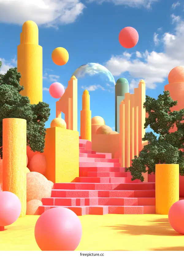 Abstract Surreal Cityscape with Pink and Yellow Geometric Shapes