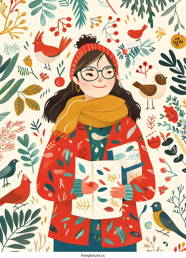 Woman in Red Jacket Surrounded by Colorful Birds and Flowers Illustration