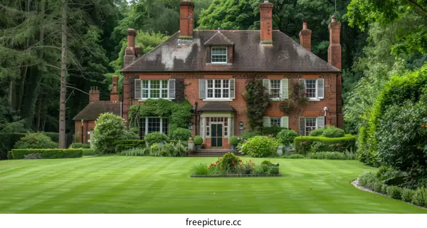 A large red brick house with a big garden