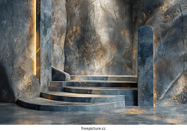 Blue and gold podium stage with marble texture background