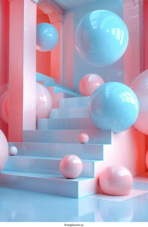 Pink and blue pastel surreal space with stairs and floating spheres