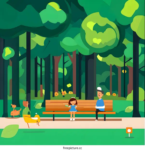 Two People Sitting on a Bench in a Forest Illustration
