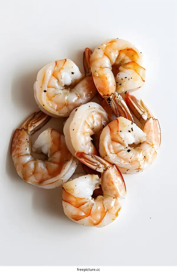 Several raw shrimps on a white background