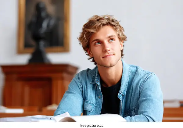 Thoughtful Caucasian Male Student in Library