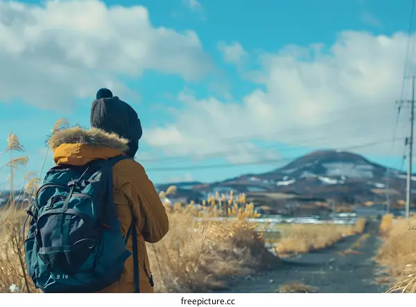 A person standing on a hilltop overlooking a rural landscape