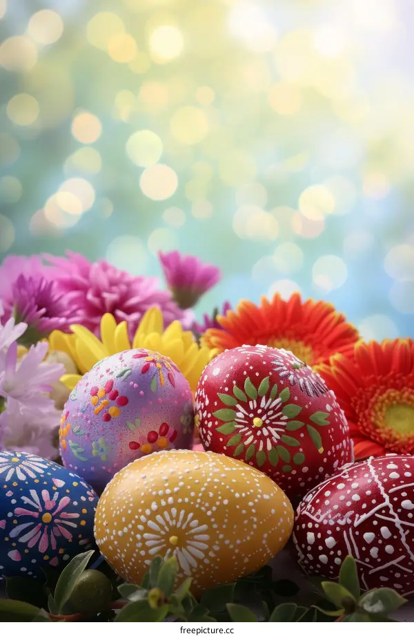 Colorful Easter eggs with spring flowers