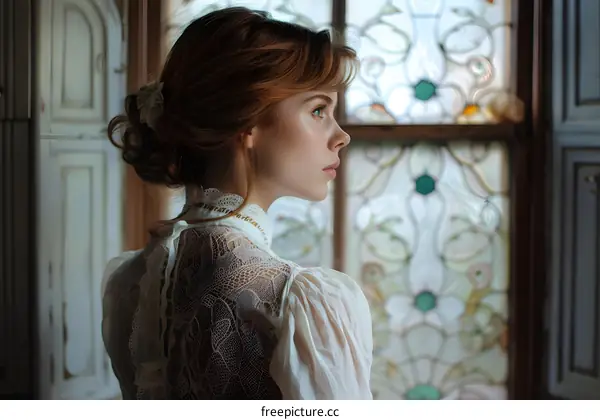Portrait of a young woman in a white dress standing in front of a stained glass window