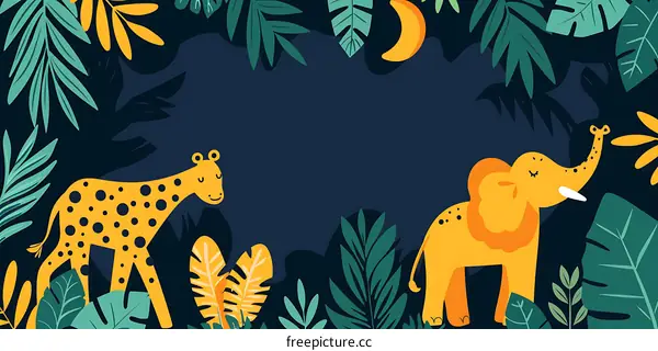 Jungle Animals Illustration with Yellow Giraffe and Elephant