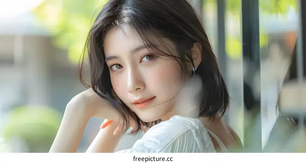 Portrait of a Young Asian Woman Looking Out of a Window