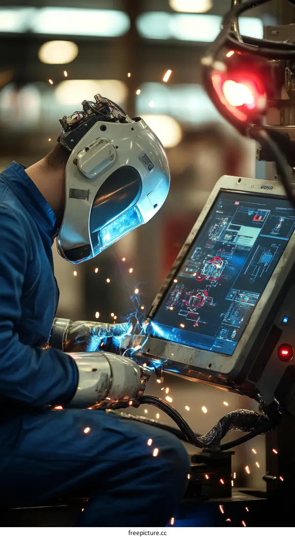 Industrial Worker Welding with Robotic Arm