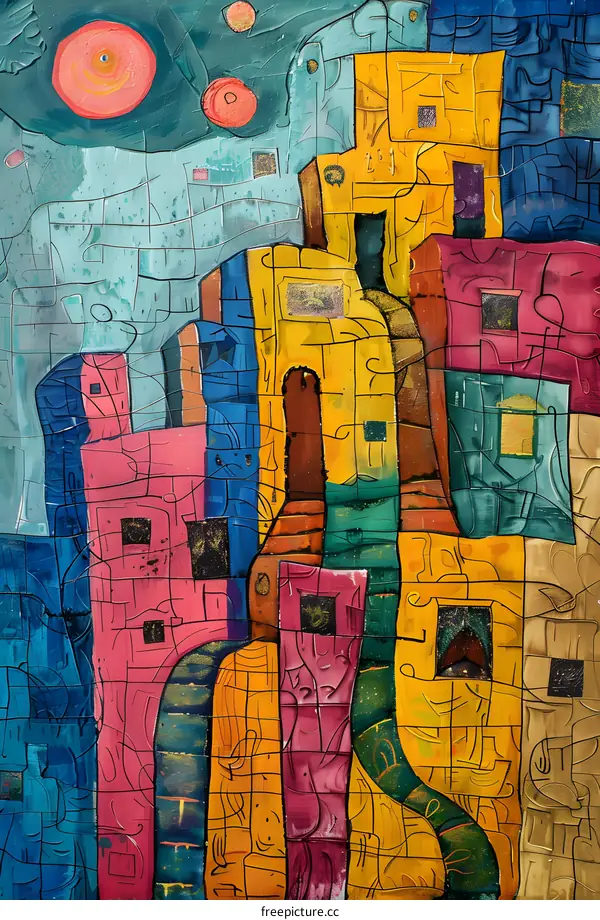 Abstract Painting of Cityscape with Geometric Shapes and Vibrant Colors