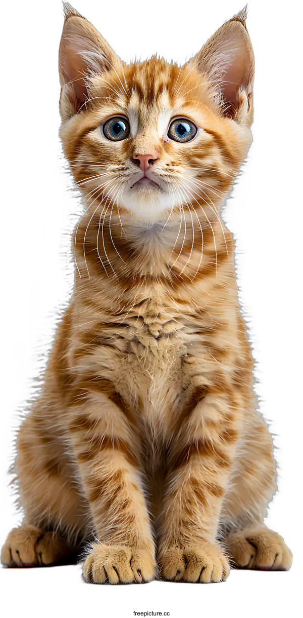 [Transparent Background PNG]A ginger kitten with blue eyes and a pink nose is sitting on a white surface and looking at the camera.