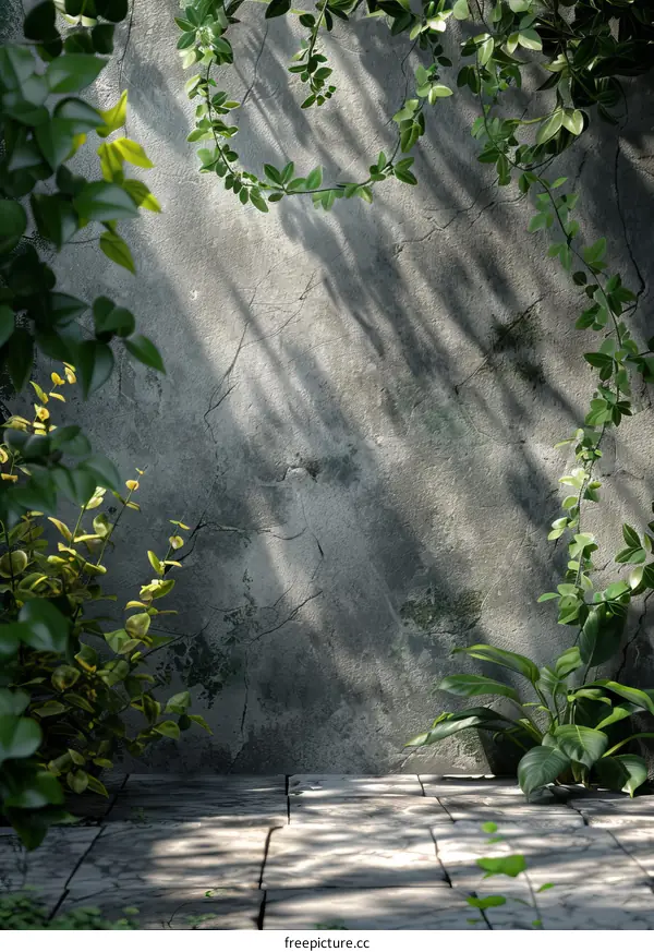 plants growing on a stone platform in front of a stone wall
