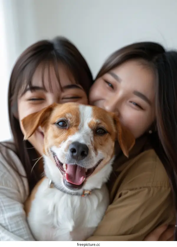Two Asian women hugging a small dog