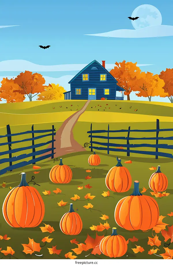 Autumn House with Pumpkins and Bats