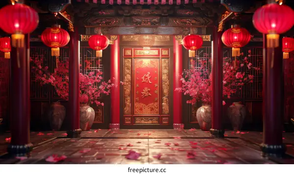 Traditional Chinese Courtyard with Red Lanterns and Pink Flowers
