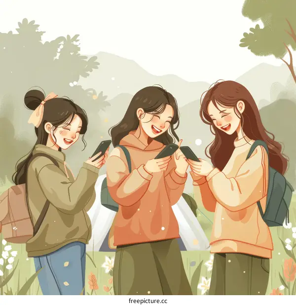 Three young women looking at their phones in a field