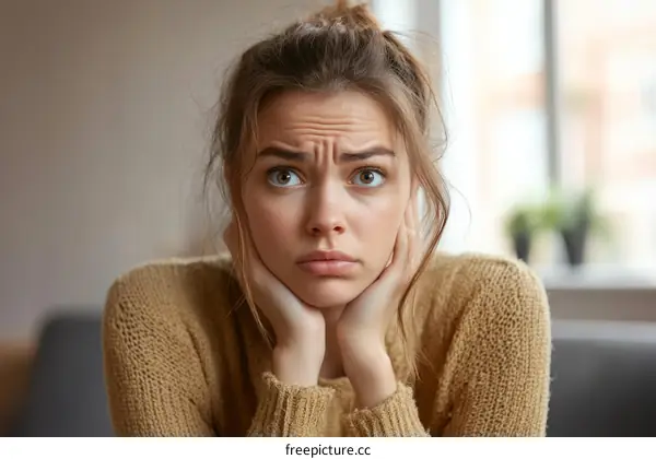 Woman with Worried Expression Close-up indoor shot