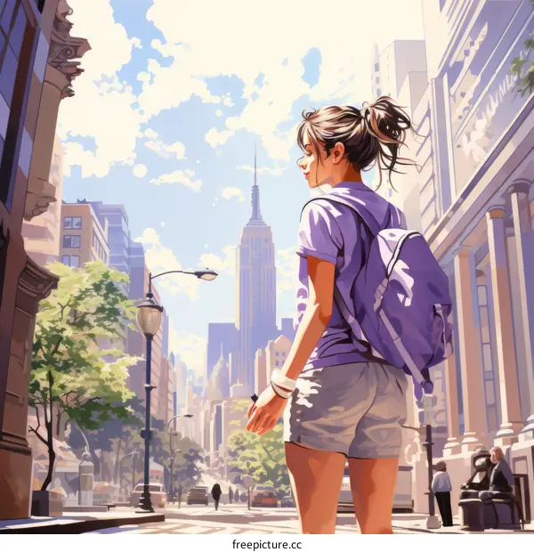 A young woman standing on a city street looking at the Empire State Building