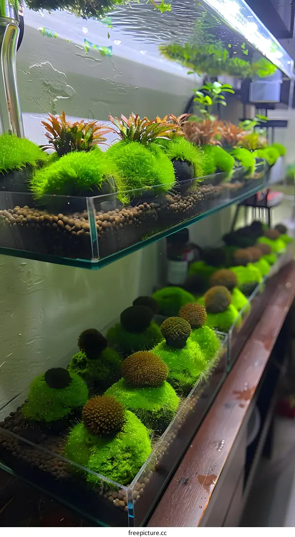 Green Moss Balls Growing in Glass Terrariums