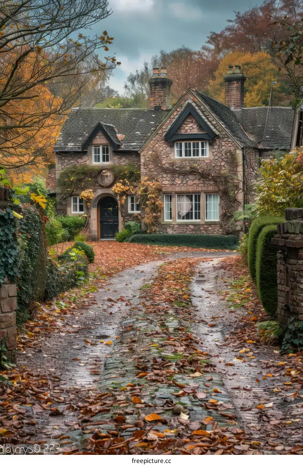 Charming English cottage in the autumn season
