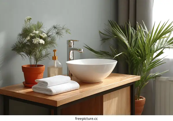 Modern Bathroom Sink with Plants and Towels