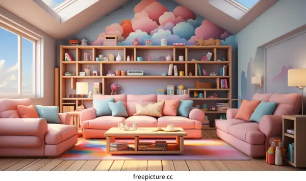 A cozy living room with a pink sofa, blue armchair, and lots of bookshelves.