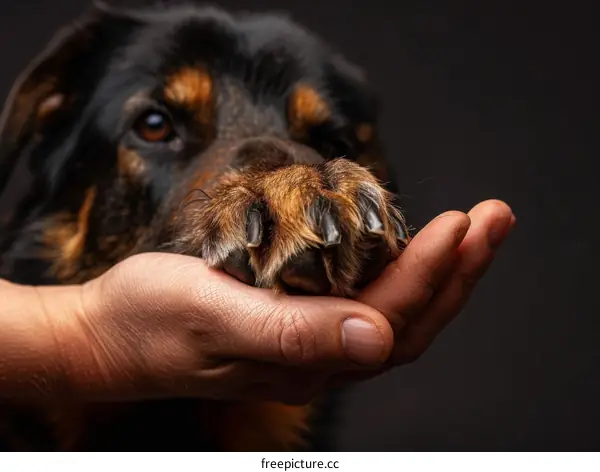 A man's hand holding a dog's paw
